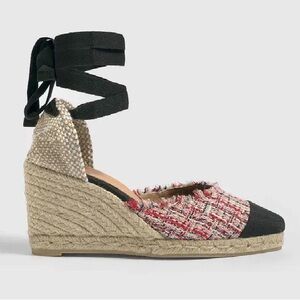 Anthropologie Castaner Red Janit Rojo Tweed Rope Tie Strap Wedge Heel EUC Sz 37